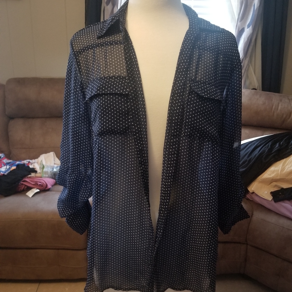 Sheer navy blue polka dot blouse. Size L.
